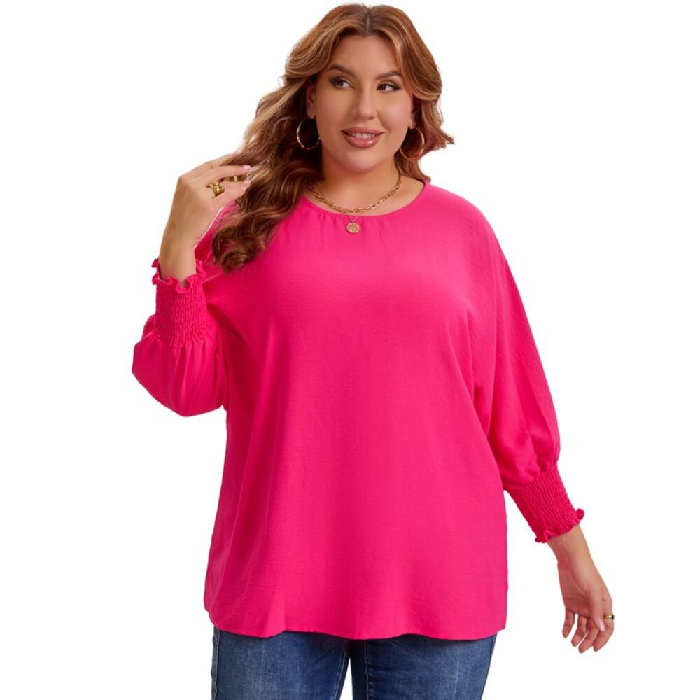 Plus Size Chiffon Tops Batwing Ruffle Elbow Sleeve Loose Shirts Hot Pink